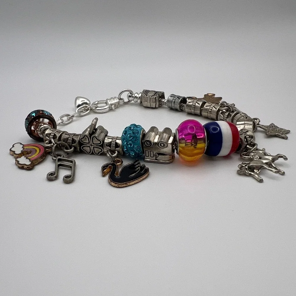 Silver Tone European Charm Bracelet‎ Mixed Glass Beads Rainbow Unicorn
